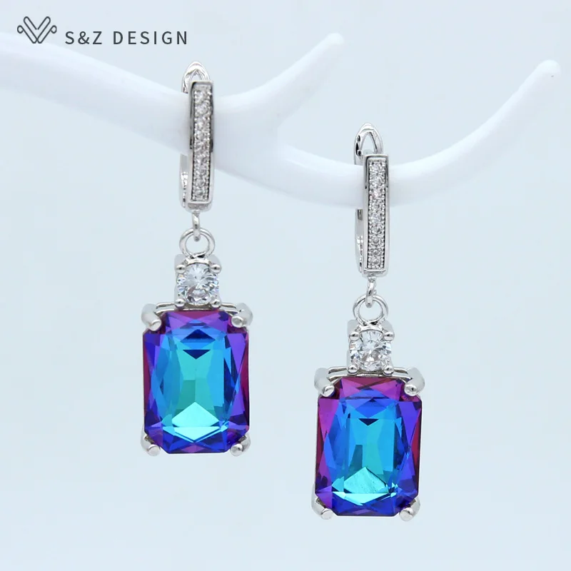 S&Z New Square Imitation Crystal 585 Rose Gold Dangle Earrings Temperament Personality For Women Wedding Party Fashion Jewelry