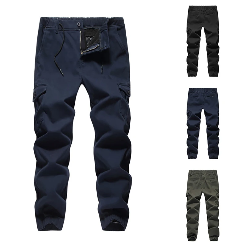 Мужские повседневные спортивные штаны с несколькими карманами, зимние плотные брюки-карго, спортивные штаны, повседневные свободные штаны для бега, одноцветные модные штаны