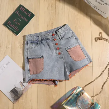 

spring and summer new Korean version show thin skirt net Red High Waist Wide Leg color contrast Jeans Shorts schooll