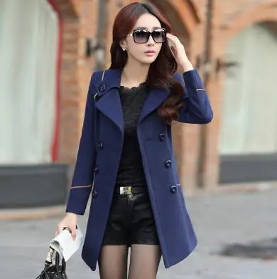 navy blue Wool осенне-зимняя шерстяная куртка женское двубортное пальто элегантное пальто базовое пальто карманы длинное шерстяное пальто Топ R41 - Цвет: navy blue