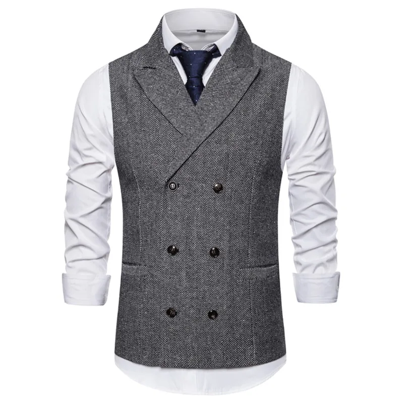 Light Grey Vests Осенне-зимний мужской шерстяной жилет размера плюс, приталенный Модный повседневный однотонный двубортный жилет с отворотом без рукавов, мужская одежда - Цвет: Light Grey Vests
