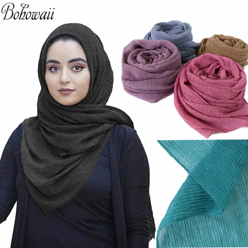 BOHOWAII Повседневная Crinkle шапочка под хиджаб шапки обертывание шали чистого цвета женские тюрбанты de Mujer длинный шарф Tulband Moslim