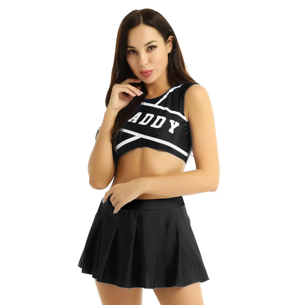 Sexy School Girl Cheerleader Costume Women Adult Cheerleading Uniform Dancing Outfit Sleeveless Crop Top with Mini Pleated Skirt