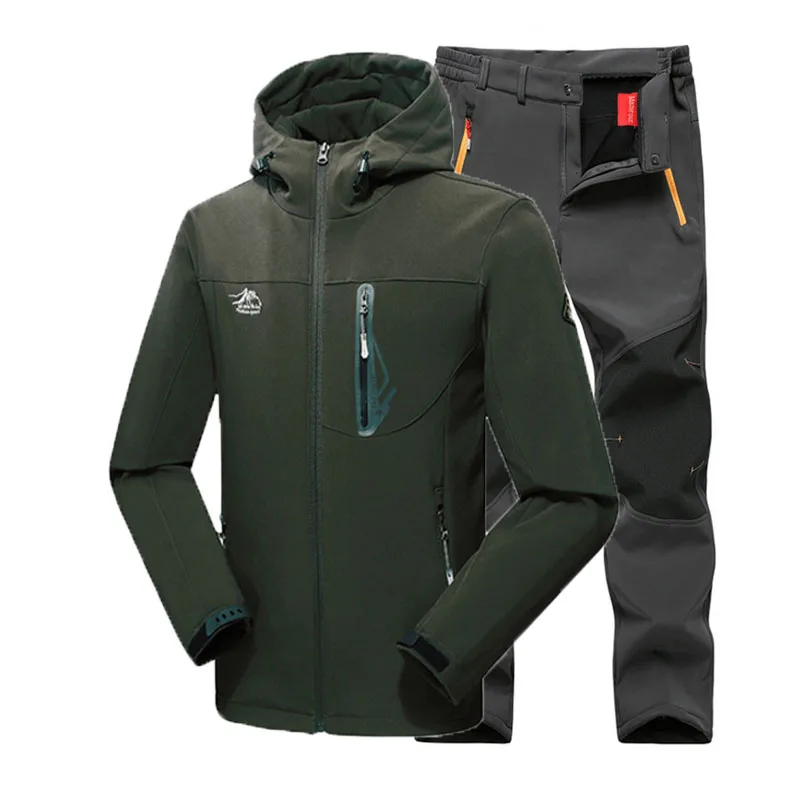 Green Gray Suit Мужская зимняя водонепроницаемая для рыбалки, катания на лыжах, Походов, Кемпинга, мужчин, теплая флисовая наружная куртка, костюм, брюки, 5XL, плюс размер - Цвет: Green Gray Suit