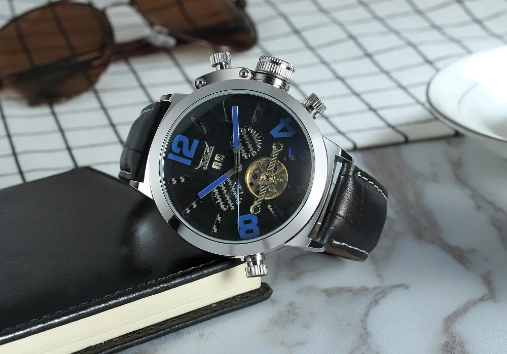 JARAGAR Топ бренд Tourbillon автоматические механические часы мужские часы кожаный ремешок Календарь Дата модные наручные часы Мужские часы