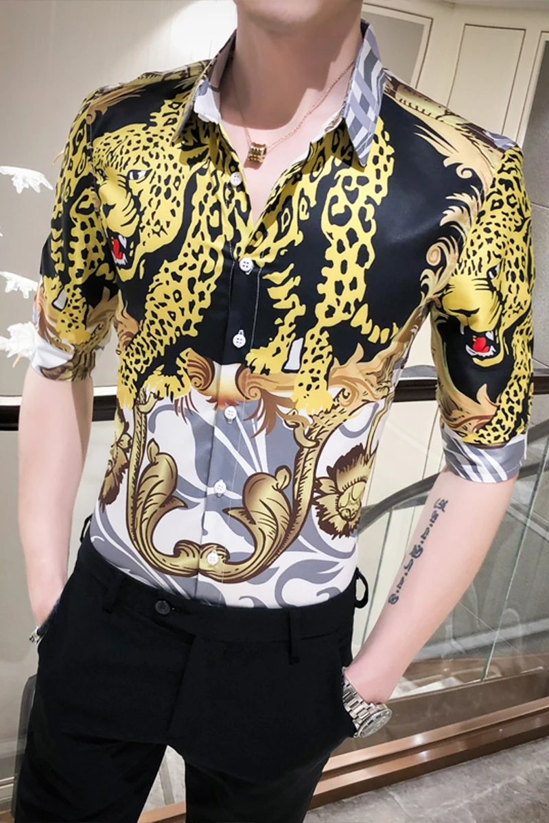 Camisa Homme 2020 Летняя мужская рубашка с золотистым леопардовым принтом рубашки