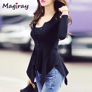 

Magiray Fashion Knit Long Sleeve Button Down Blouse Women Spring Autumn Irregular Peplum Shirt Black White Ladies Tops Femme 319
