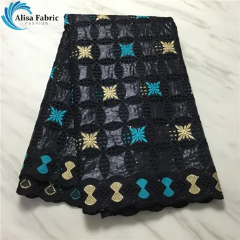 

Alisa black african bazin riche fabric 2020 high quality embroidered lace with stones hollow design french style cotton fabrics