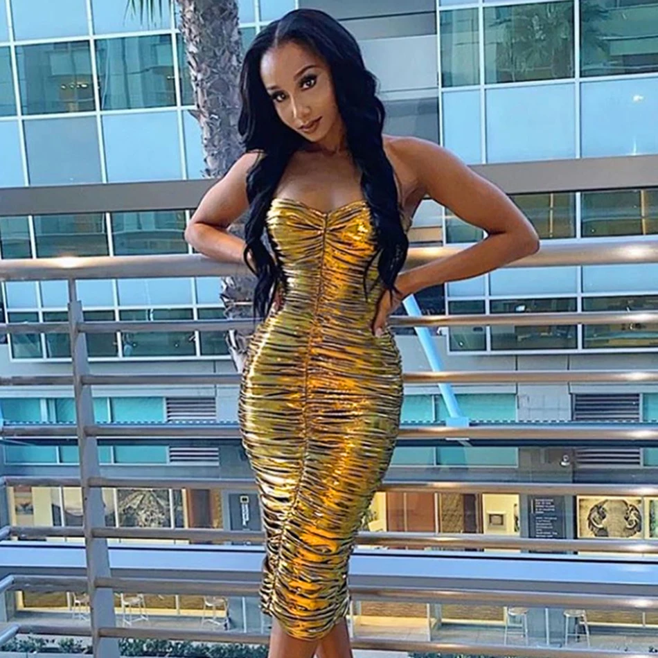 Sexy Women's 2019 Winter Gold PU Strapless Backless Strapless Dress Club Clothing Party Dress Vestiods