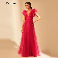 Verngo Modern A Line Tulle Hot Pink Long Prom Dresses V Neck Ruffles Sleeves Floor Length Evening Gowns 2022 Party Formal Dress