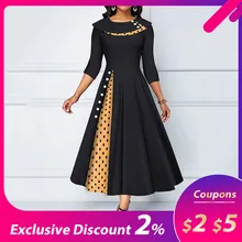 Детская одежда в горошек миди платье вечерние платья халат; платья трапециевидной формы; Vestidos размера плюс с коротким рукавом Винтаж черный Для женщин длинное платье Высокая Талия