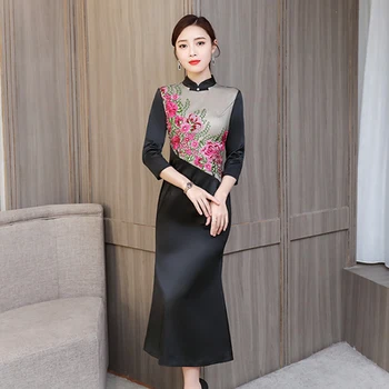 

2020 Early Autumn Mesh Embroidered Fashion Cheongsam Long Sleeve Office Lady Pink Flowers Dress Vestidos Elegantes Plus Size 4xl
