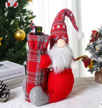 

Christmas Wine Bottle Cover, Table Ornament, Tree Snowman Elk Printed Hat Gifts Reusable No-Face Doll