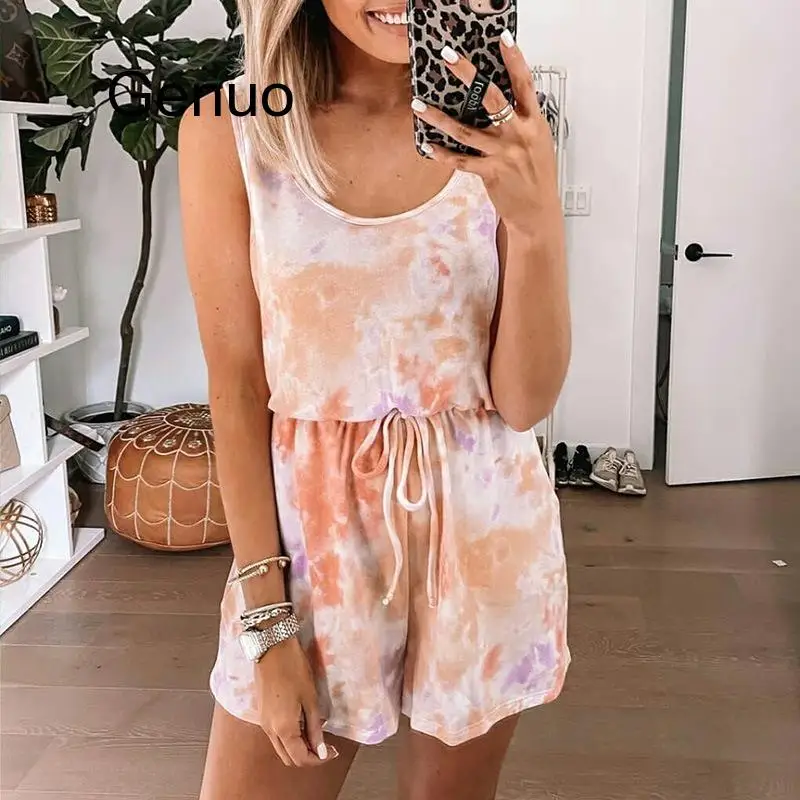 

Tie-Dyed Summer Sleeveless Rompers Women Loose Playsuits Casual One Piece Overalls