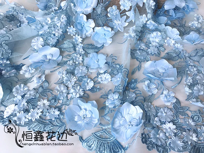 GLace 1Y/lot blue 3D nail bead chiffon flower embroidery lace sewing fabric for wedding dress handmade clothing skirt TX1413 | Дом и сад