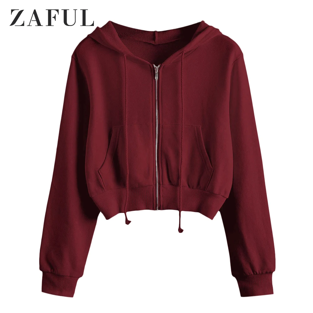 Red Wine ZAFUL толстовки женские свитшоты на молнии с карманами укороченный однотонный худи спортивная одежда Топы повседневные пуловеры женские модные свитеры - Цвет: Red Wine
