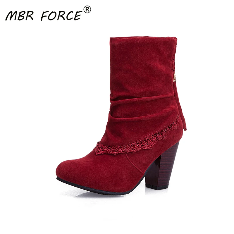 

MBR FORCE 2020 fashion new all-match frosted leather exquisite tassel lace design plus velvet warm square heel red ankle boots