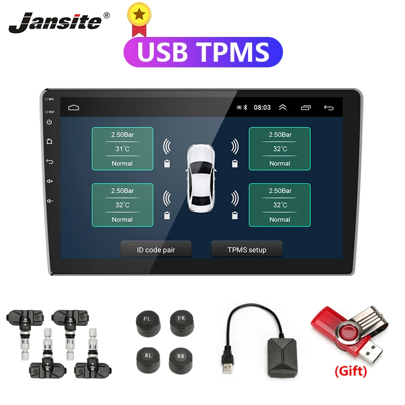 Jansite USB Android TPMS автомобильная система контроля давления в шинах для автомобиля Android плеер Предупреждение температуры с четырьмя датчиками|Датчик давления в шинах|   | АлиЭкспресс