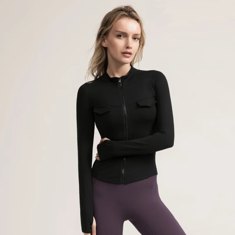 Black Imlario Stand Collar Sports Track Jacket Zipped Women Slim Fit Running Yoga Jacket Stretchy Workout Activewear with Thumb Holes - Цвет: Black