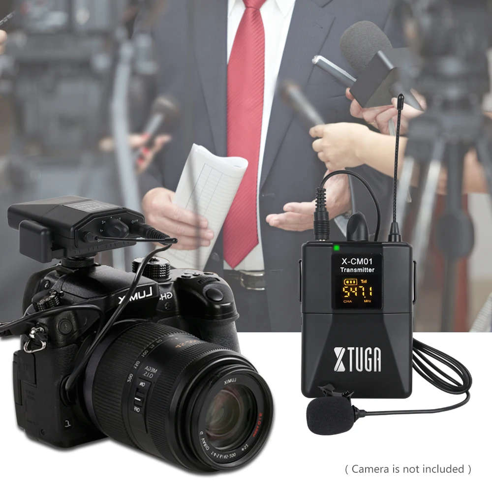 XTUGA UHF Wireless Lavalier Microphone with 16 Channels Come with Two 3.5mm Cables Up to 164ft Range for DSLR Camera Phones