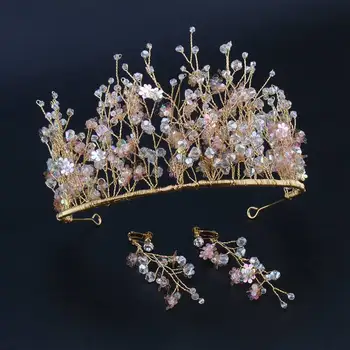 

Crystal Jewelry Set New Crown + Earrings Wedding Headdress Golden Plating Handmade Super Immortal Princess Dress Accessories