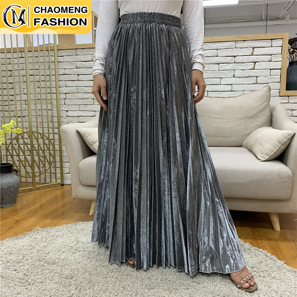 Maxi-Skirt Muslim Elegant Long Fashion Satin Pleated Chic Office Party Autumn Winter