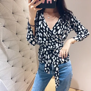 

19 Summer Printing V Collar Slim Fit Slim Lace Long Sleeve Shirt Lady E19losimio83245