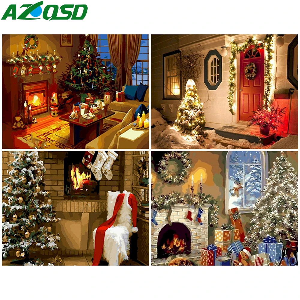 Azqsd絵画クリスマスツリーの装飾ホームdiyのための非フレーム数字でキャンバス風景クリスマスギフト Aliexpress Home Garden