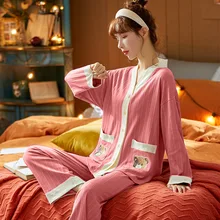 2021 Autumn and Winter V-neck Kimono Pajama Set Knitted Women's Long Sleeves with Long Trousers Home Clothes Luxury  Pajamas