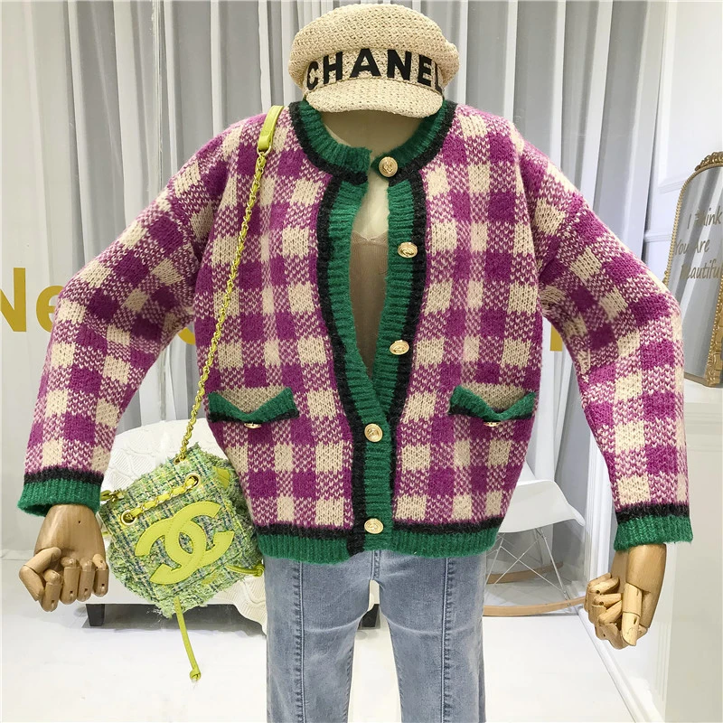 

Plaid Sweaters Fashion 2018 Women High Street Cardigans Single Breasted Knit Sweater Women Loose Korean Top Womens Clothing