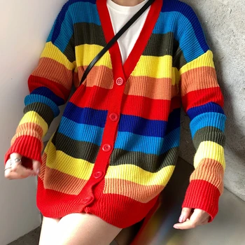 

2019 Spring women's knitted jacket Rainbow Cardigan Loose Overisize Female coat sweater women Colorful Striped Cardigan SW07