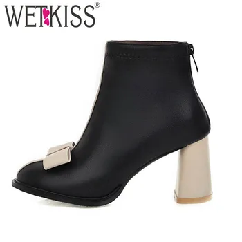 

WETKISS High Heels Boots Women Bow-Knot Ankle Boot Pu Shoes Female Stitching Shoes Ladies Zip Round Toe Shoes Winter 2019 New