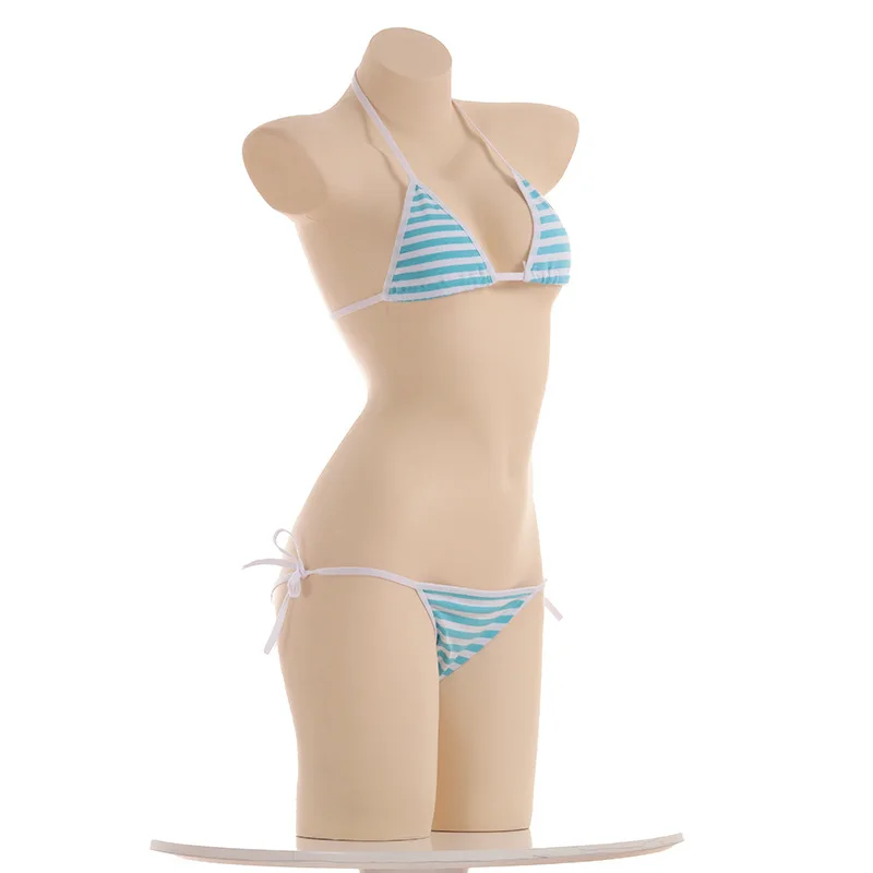 Anime Miku Kawaii Mini Bikini Cosplay Blue White Striped Micro Bikini Swimming Suit for Women Tie Side Swimsuit Set