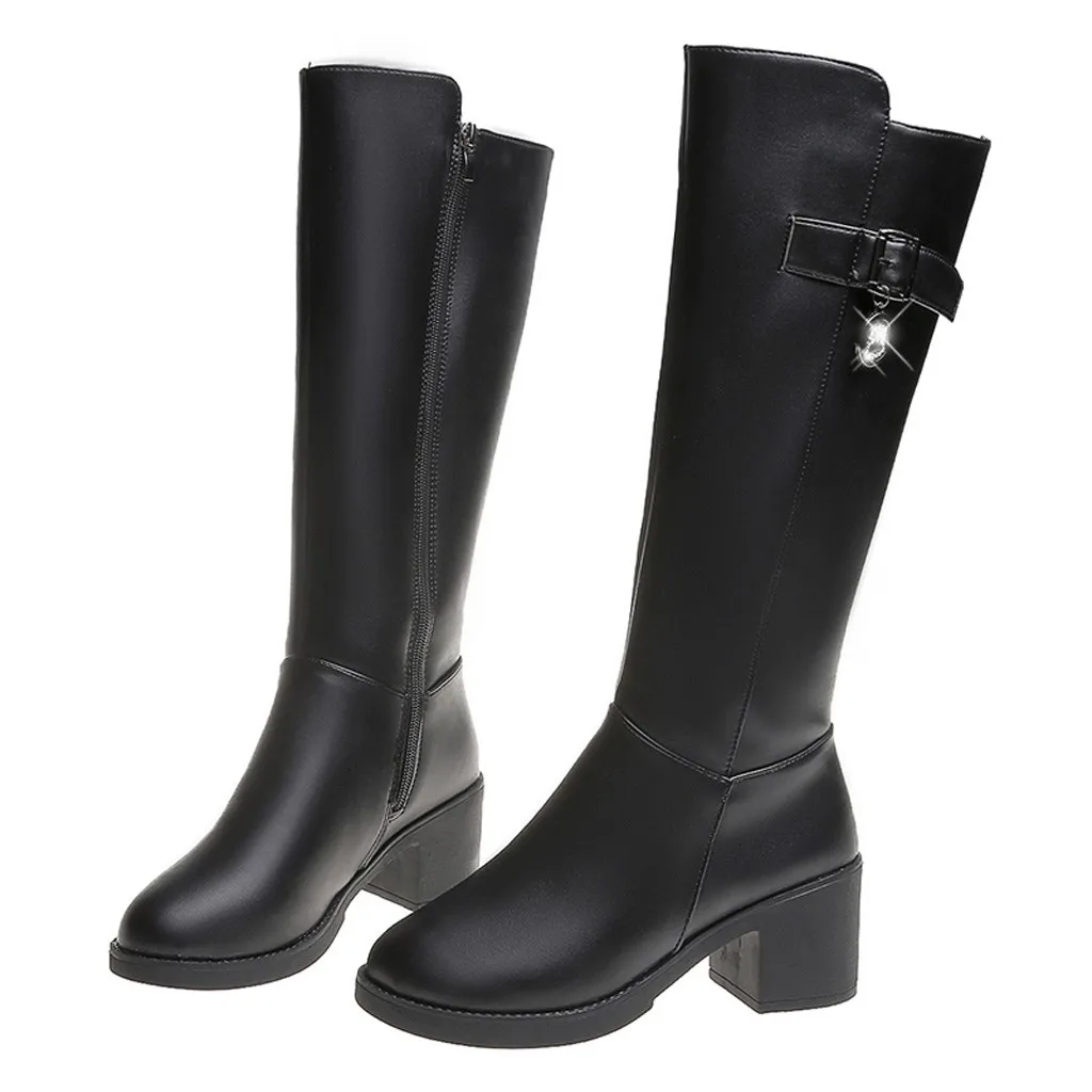 Black Leather Boots Women Botas Largas Mujer Ladies Boots High Boots Black Knee-High Shoes Med Heel Female Shoes Chaussures Femme - Цвет: Black