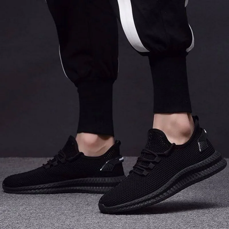 WENYUJH, мужские кроссовки, вязанный верх, стильная, на шнуровке, противоскользящая обувь для бега, мягкая подкладка, мужские кроссовки для фитнеса, дышащая Спортивная обувь - Цвет: Black 1