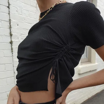 

2020 Drawstring Ruched Split Short Sleeve Women Tops Tee Slim Female Tops Fashion Knitted Round Neck Crop Top Streetwear
