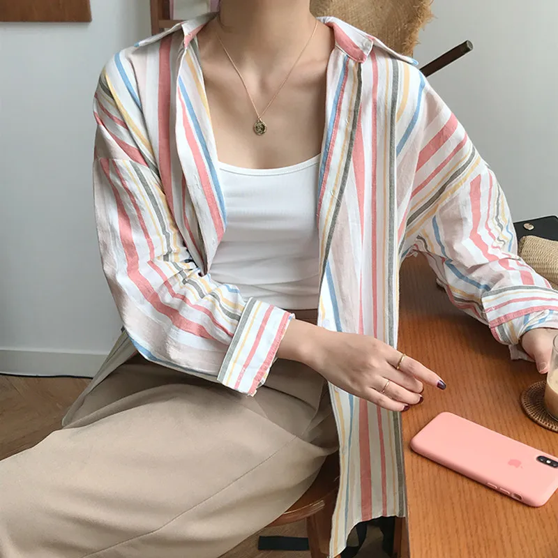 

2colors colorful stripe shirt casual long sleeve blouses womens tops and blouse 2019 (F3743)
