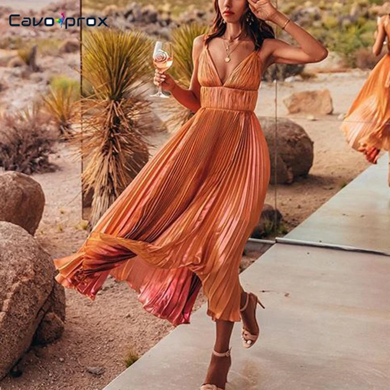 Женское платье-спагетти без рукавов с v-образным вырезом Макси Плиссированное пляжное стильное праздничное свободное стильное шикарное элегантное платье - Цвет: Оранжевый