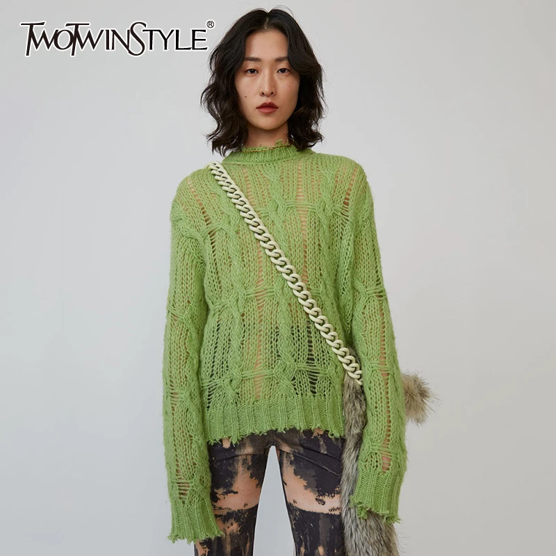 TWOTWINSTYLE Повседневный выдалбливающий винтажный вязаный свитер для женщин с