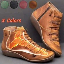 Для женщин Арка Поддержка ботильоны Повседневное с перекрещивающимися ремешками и на молнии сбоку; зимние короткие кожаные сапоги Винтаж панк обувь на плоской подошке Женская