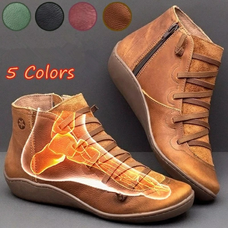 Online Botas de tobillo con soporte de arco para mujer, botas de cuero cortas de invierno con tiras cruzadas y cremallera lateral, zapatos planos para dama Punk Vintage 2019 nuevo