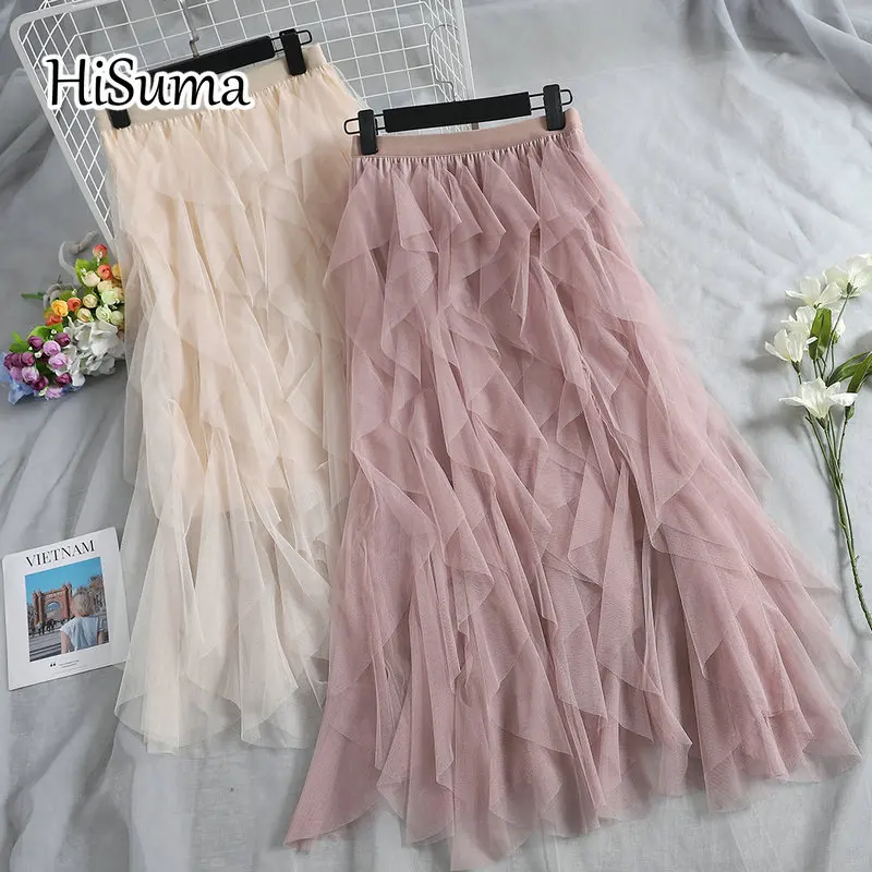 

2021 spring autumn new women's High waist ruffles irregular mesh fluffy skirt chic female mid-long half-length skirts