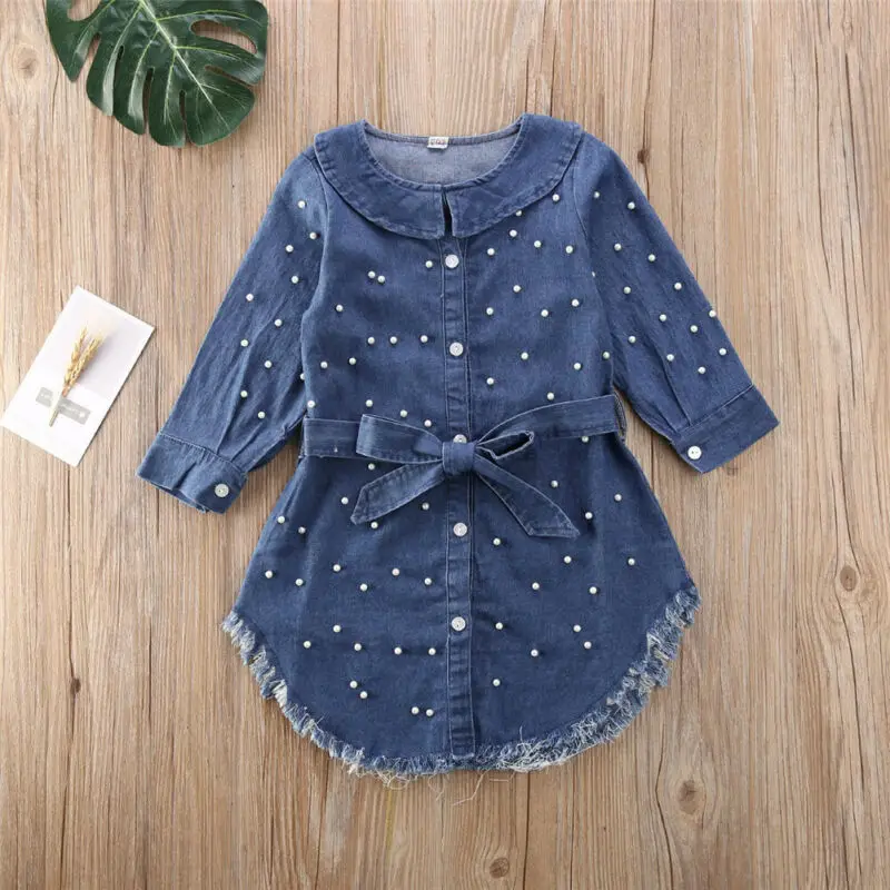 UK Stock Spring Toddler Kid Baby Girl Clothes Long Sleeve Denim Pearl Dress 1-6Y | Детская одежда и обувь