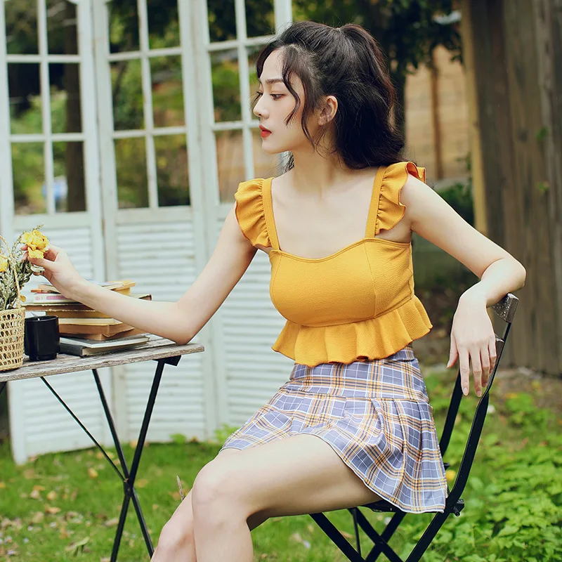 

South Korea Two-piece Swimsuits Women's Graceful Small Bust Gathering Skirt Belly Covering Conservative Students Slimming Bubble