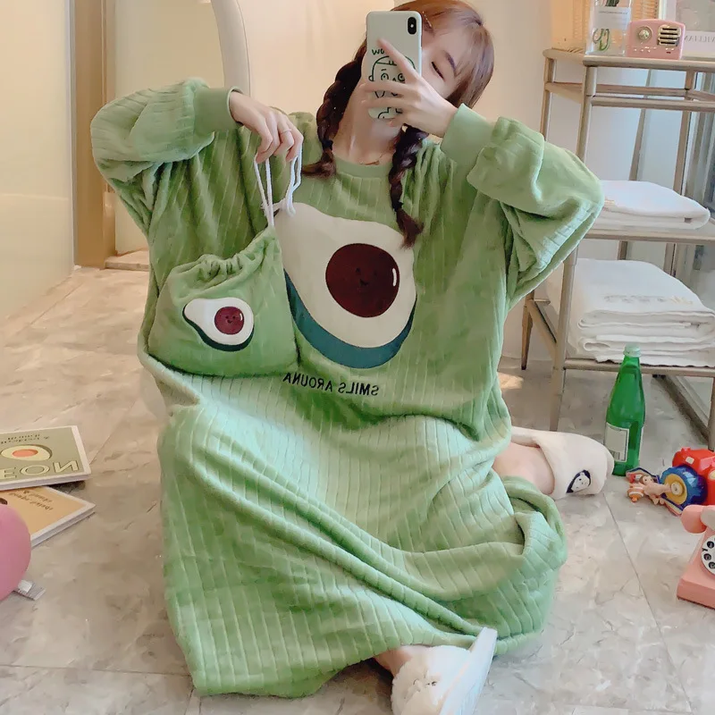 Autumn and winter nightdress women's coral velvet Korean version sweet avocado flannel nightdress women's home clothes