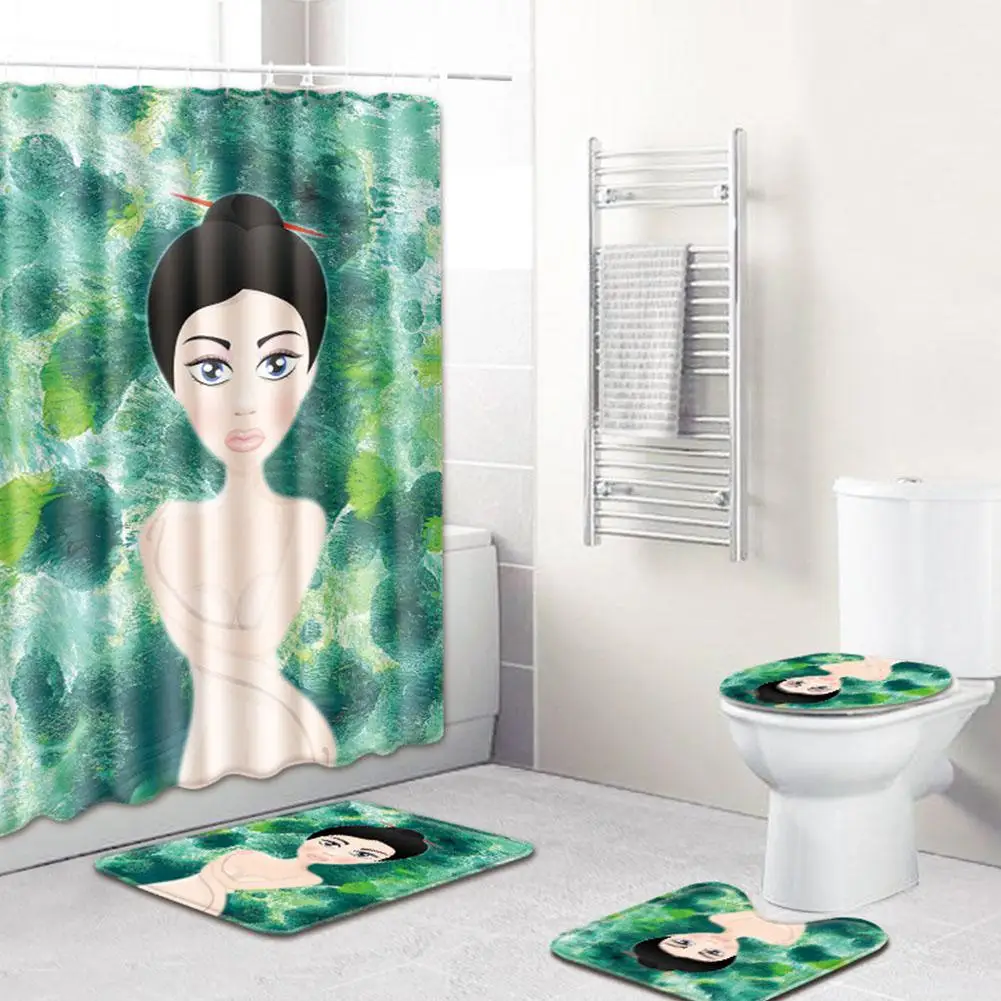 C1223-2 4Pcs/Set Carpet Bathroom Foot Pad African Woman Bath Mat and Shower Curtain Set PVC Toilet Toilet Seat Covers Home Decor - Color: C1223-2