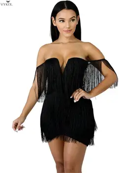 

Spring Summer Tassel Korean Dress Sleeveless Strapless Solid Sexy Dress Fashion Night Clubwear Bandage Dress Sheath Mini Dress