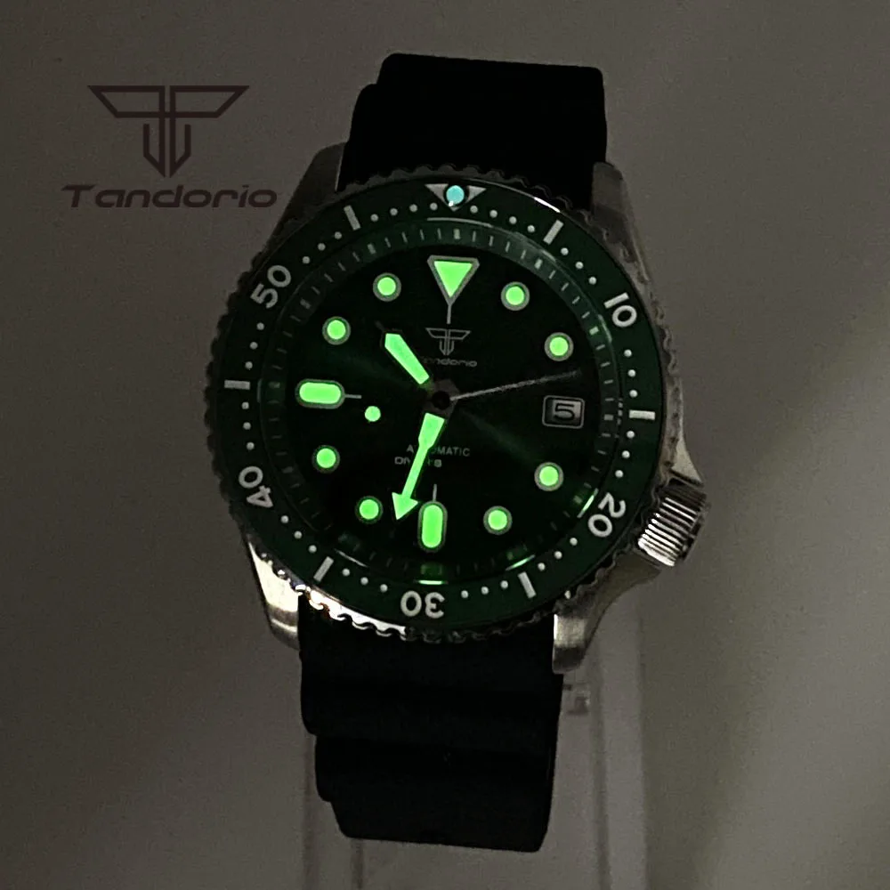 Tandorio 41mm Automatic Diving Men Watch Black/Blue/Green Dial Sapphire Glass NH35 20ATM Date Indicator Rubber Strap Green Lume