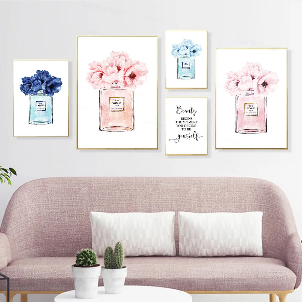 

Vogue Perfume Bottle Wall Art Watercolor Flower Canvas Painting Parfum Poster Quote Beauty Print Wall Pictures Living Room Decor