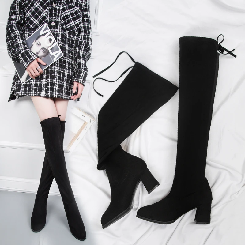 

2019 New Fashion Fall Boots Slip On Over The Knee Boots Women High Heels Sexy Boots Soft Elegant High Boots Ladies Black Boots